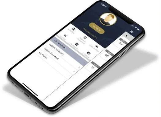 Guardhouse mobile app showing the security officer clock-in screen and shift schedule