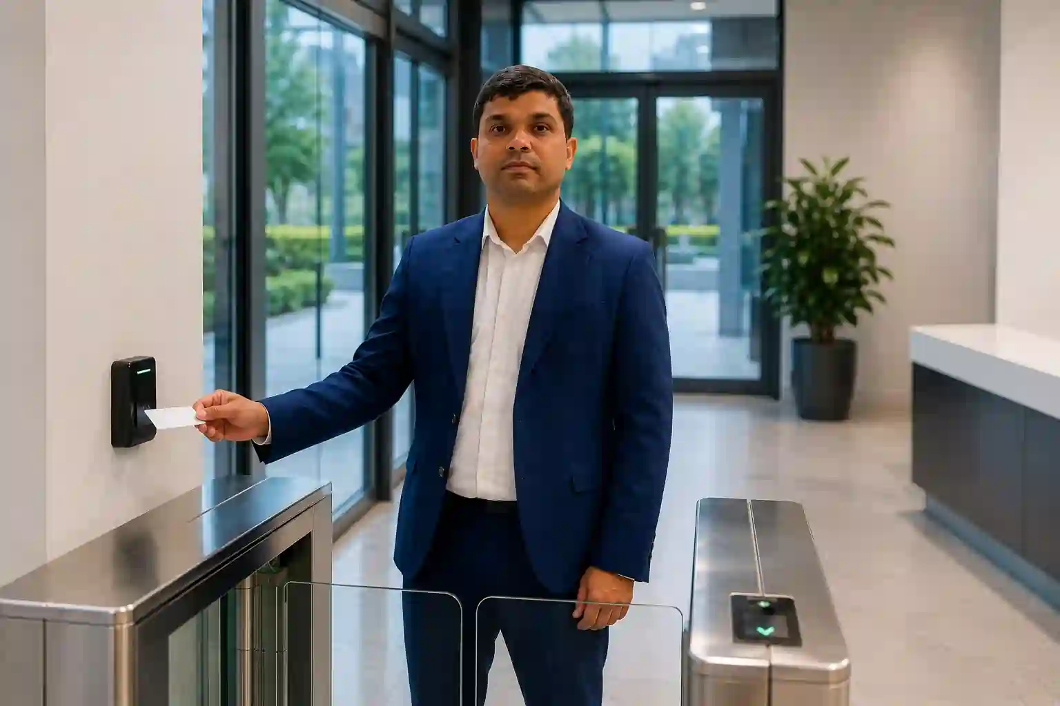 Concierge security officer managing visitor access control at a London office building