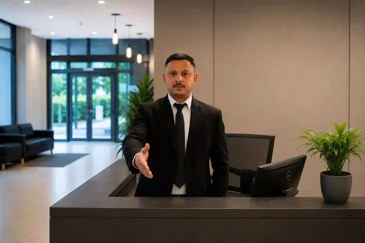 Concierge security officer greeting visitors at a London building reception
