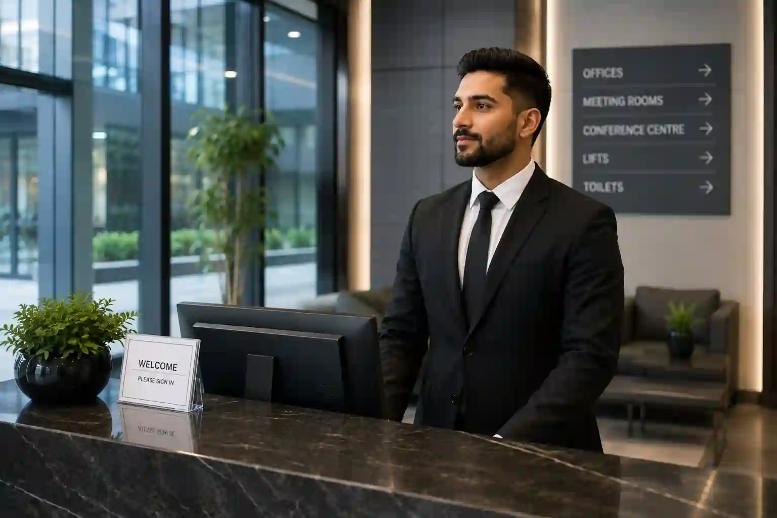 Corporate concierge security officer managing reception at a London office building