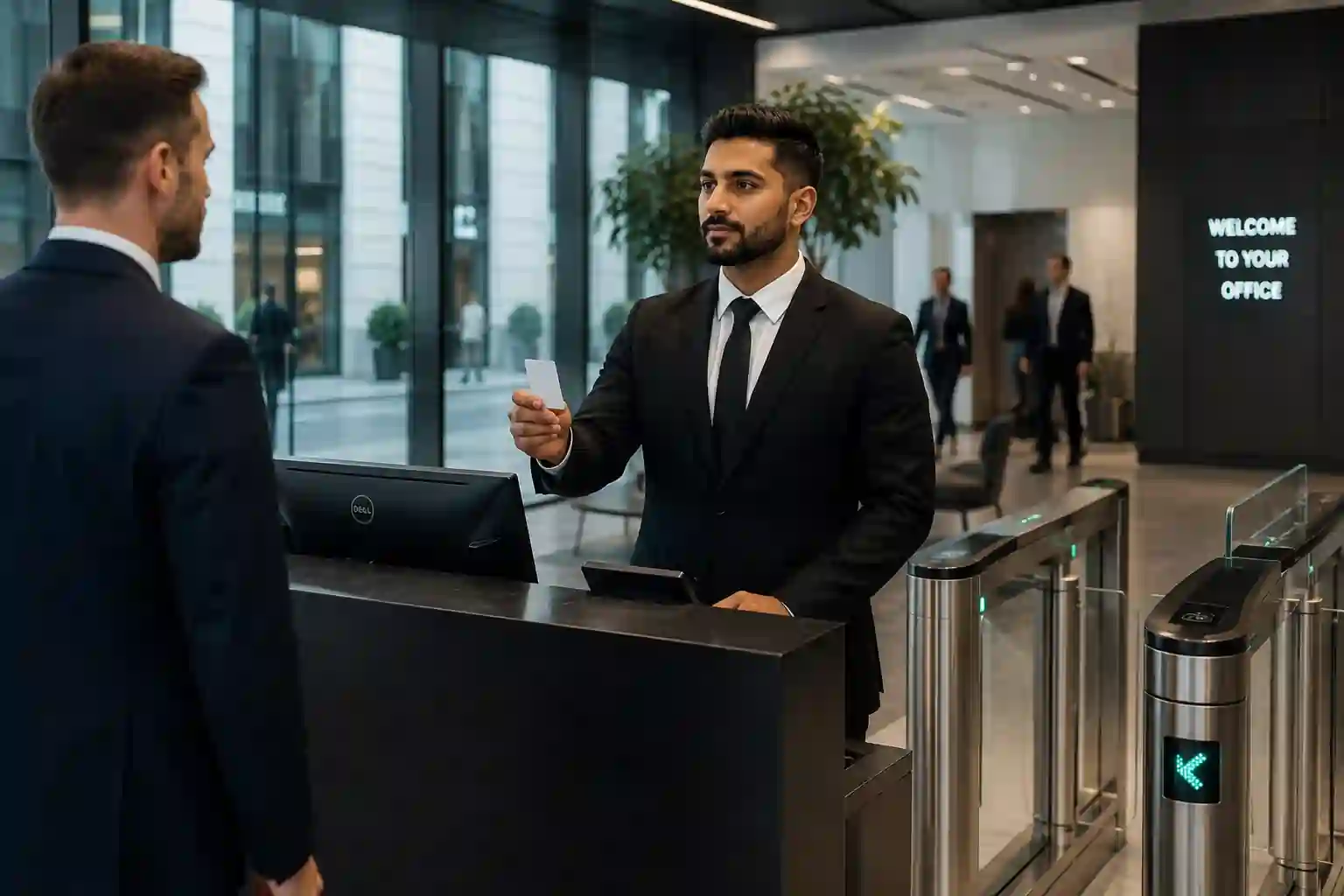 Corporate concierge security officer controlling access at a London office entrance