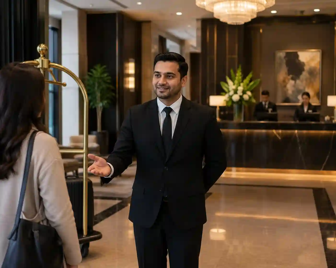 Hotel concierge security officer in the lobby of a London hotel