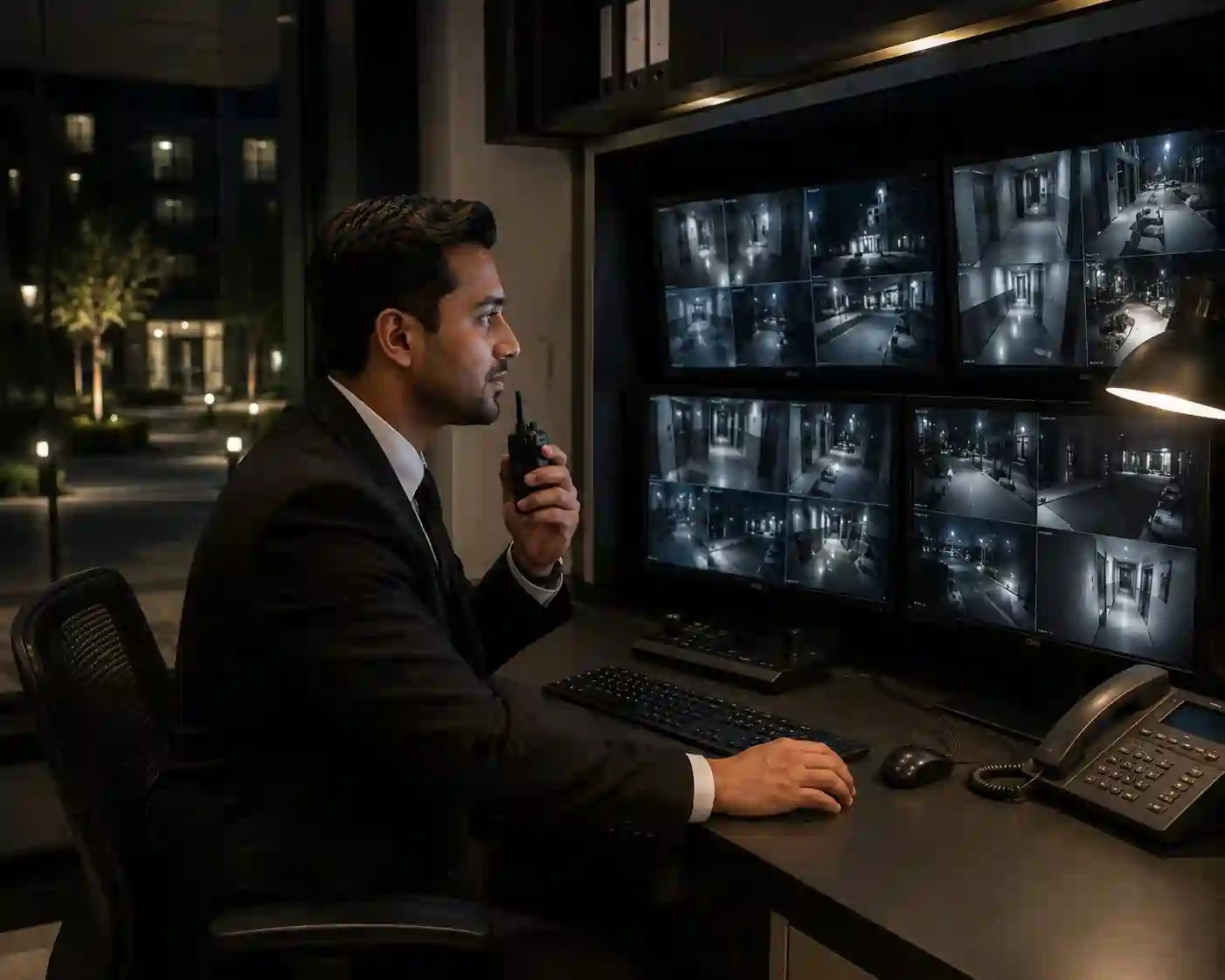 Night concierge security officer monitoring CCTV at a London building