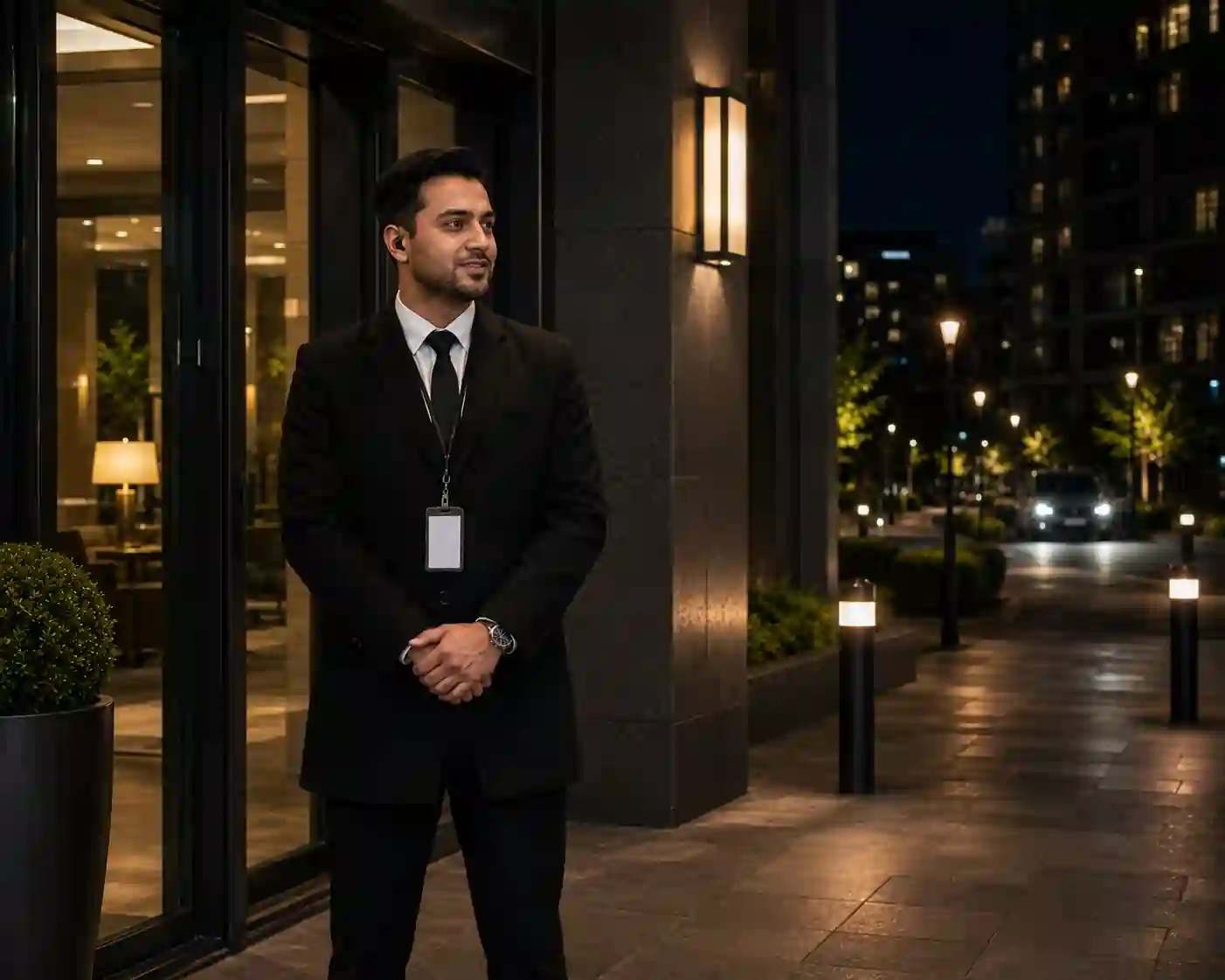 Night concierge security officer at the entrance of a London building