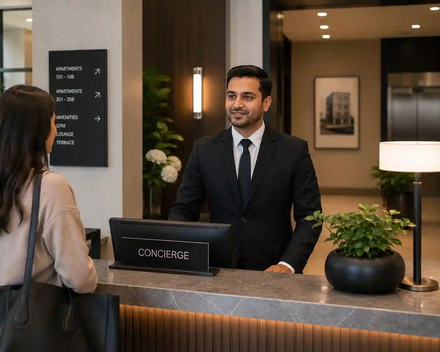Residential concierge security officer at the entrance of a London block of flats