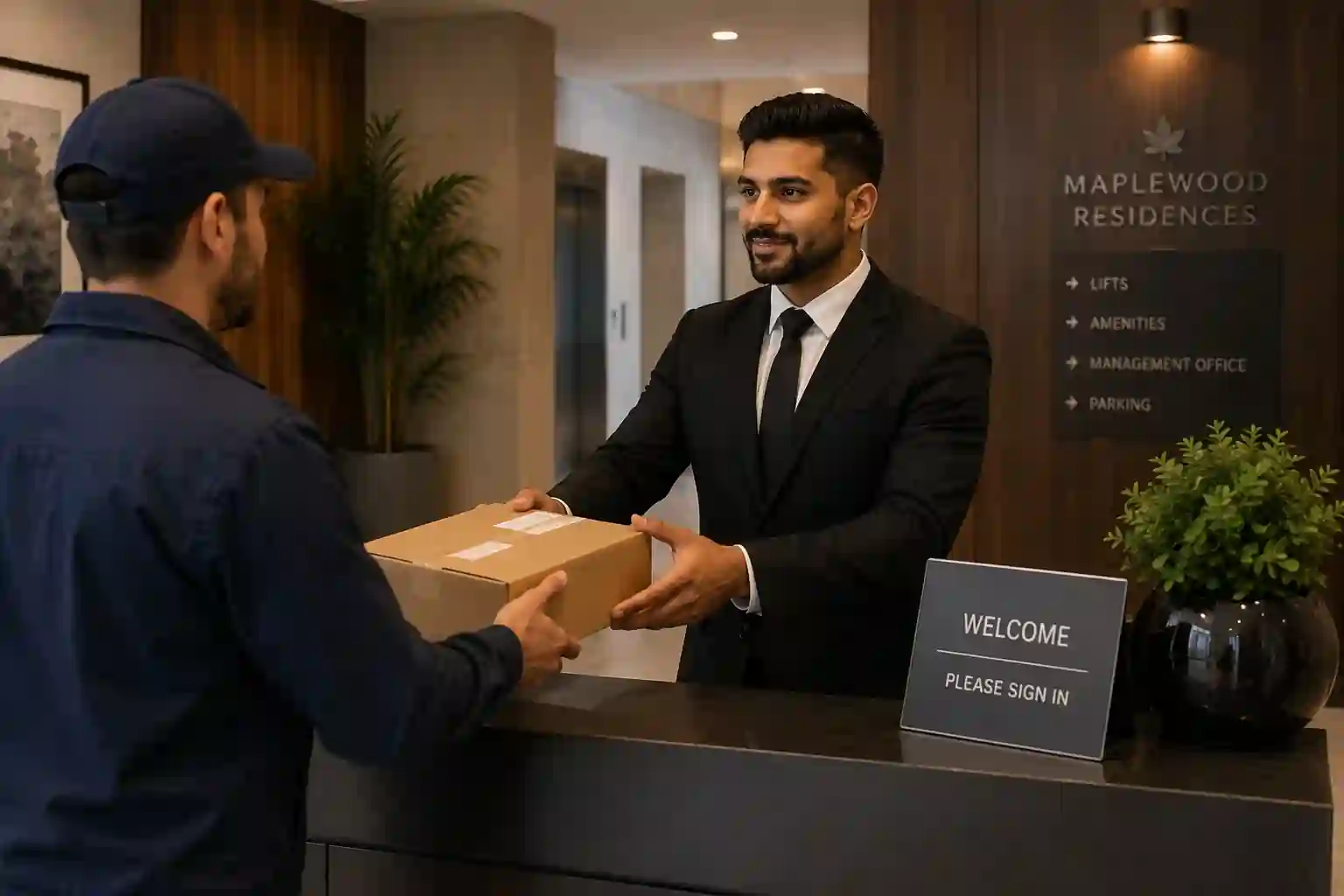 Concierge security officer managing parcel deliveries and key control at a London residential building
