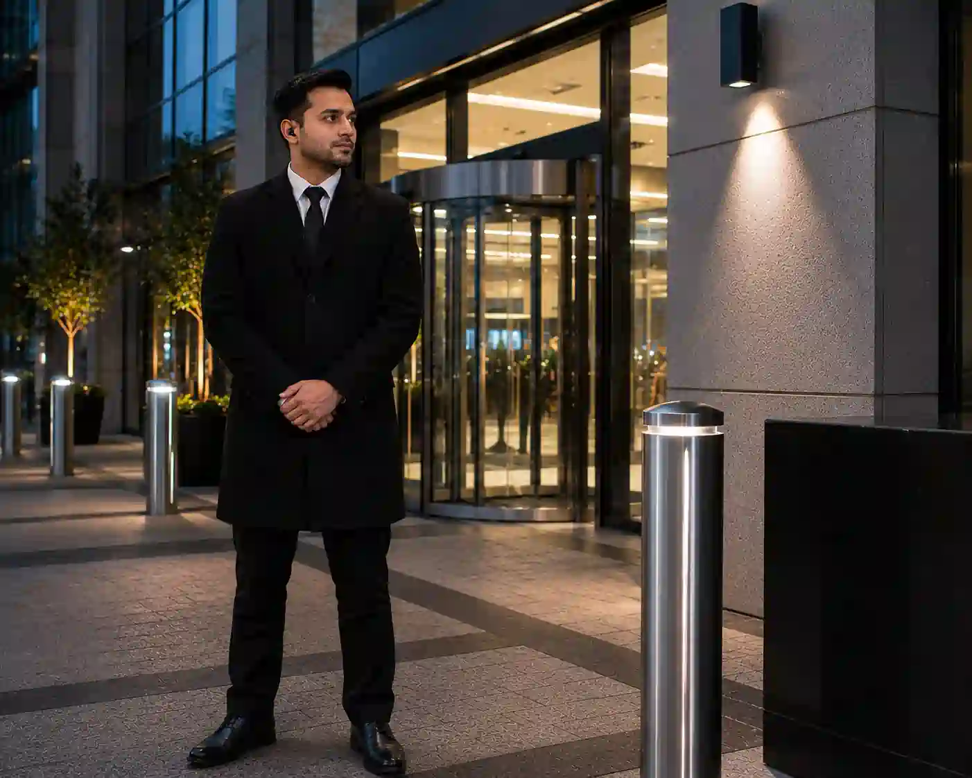 Retail concierge security officer at the entrance of a London commercial building