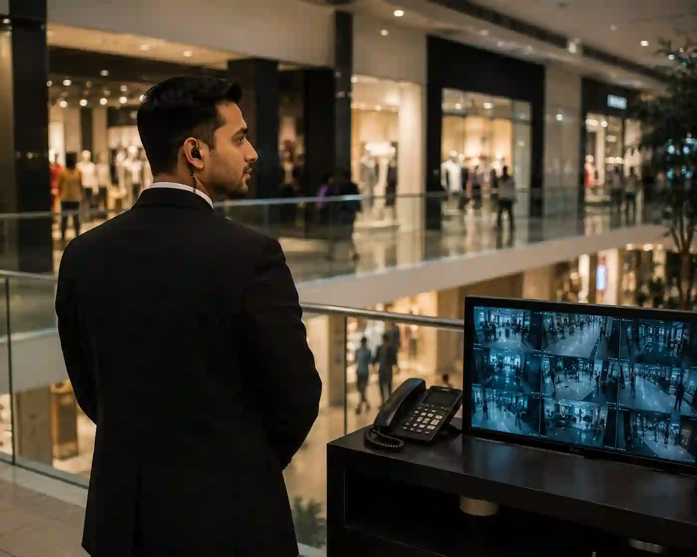 Commercial concierge security officer monitoring retail premises in London