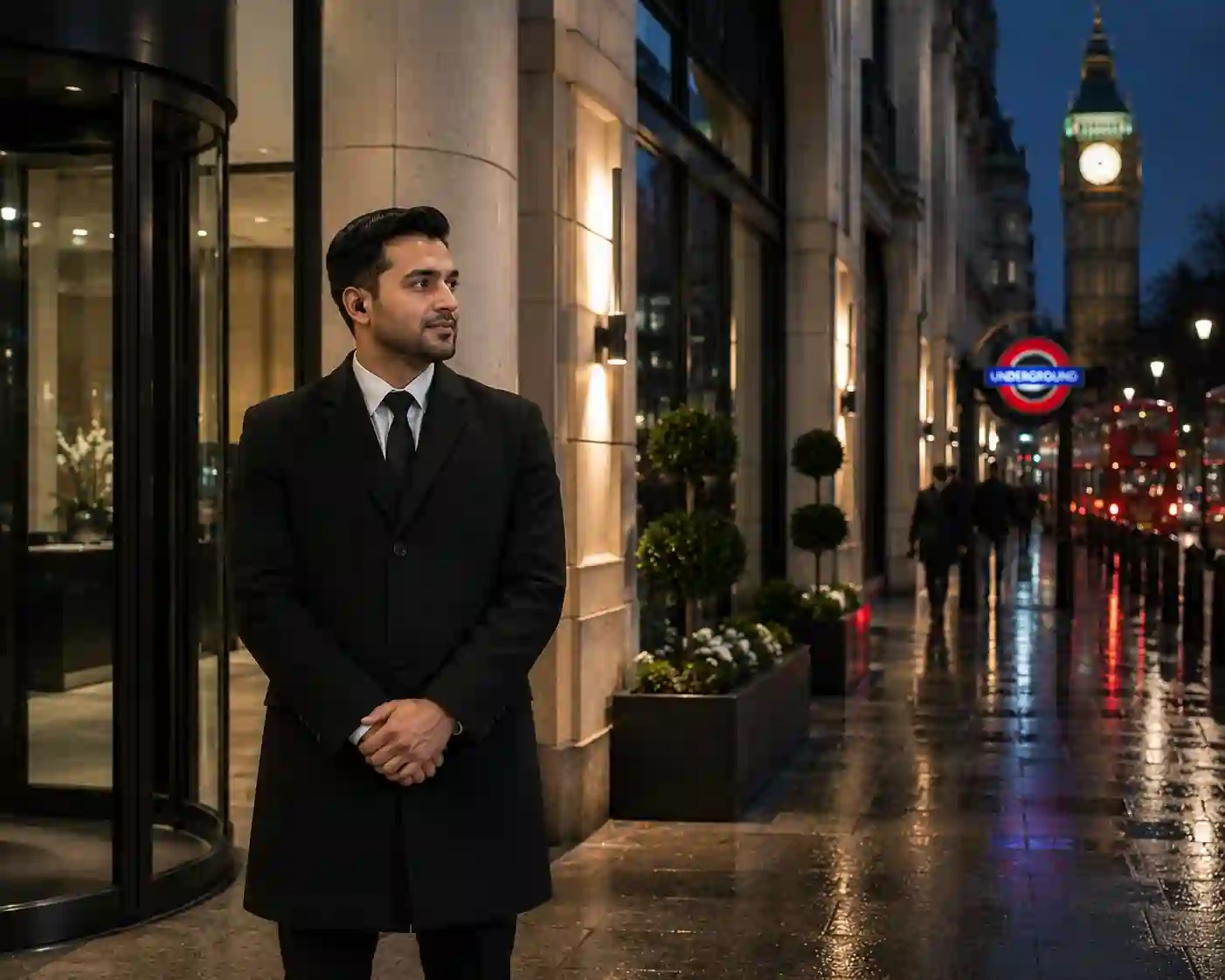 Temporary concierge security officer at a London building entrance
