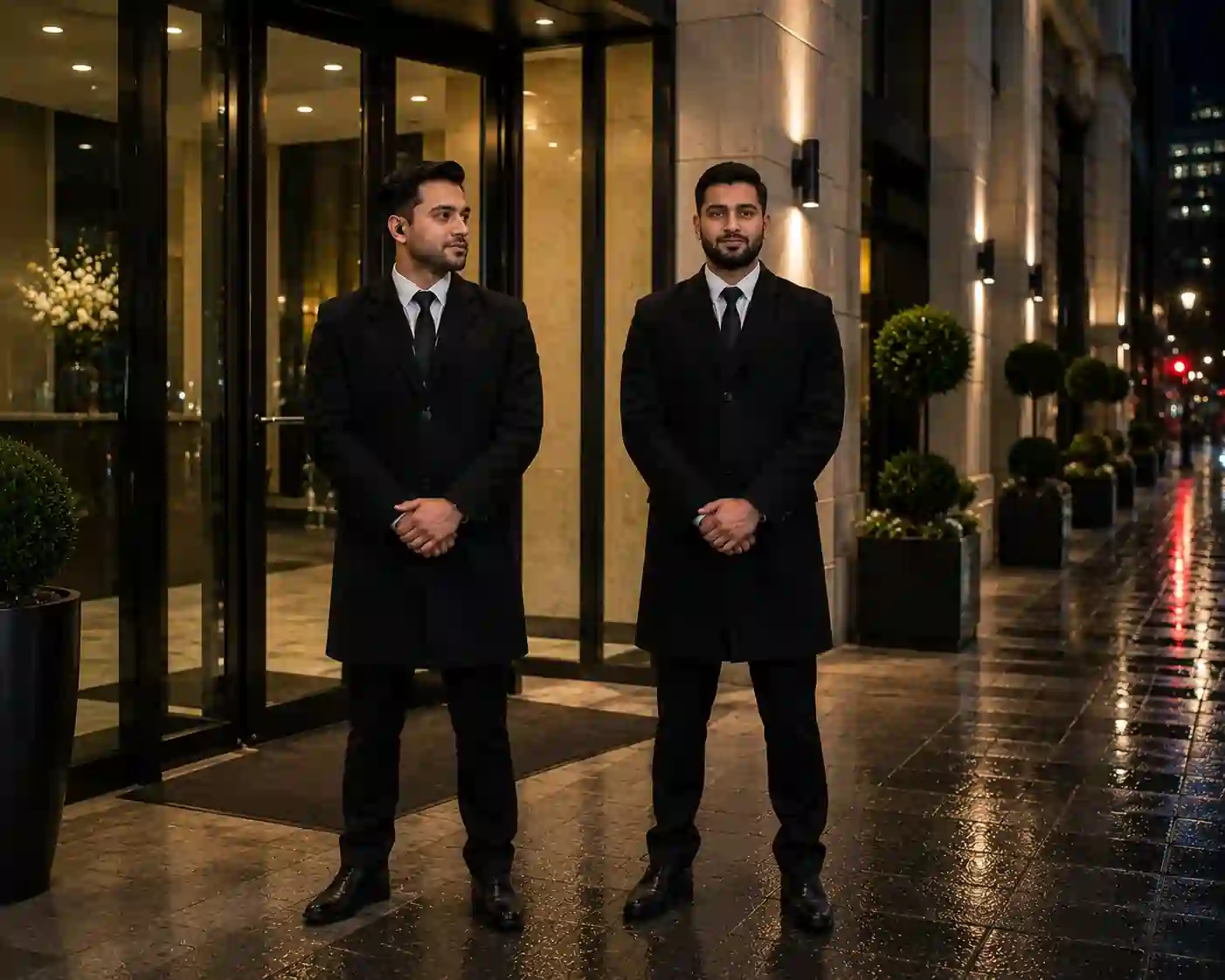 Temporary concierge security officer managing visitor access at a London building
